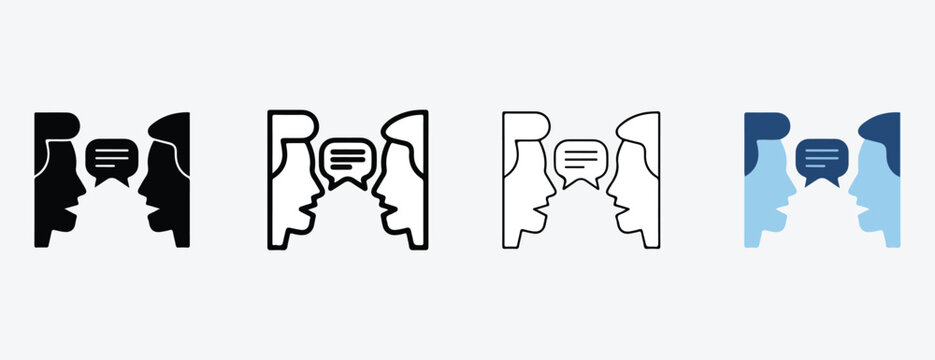 pairs of human faces in profile with speech bubble icons for communication and conversation concepts  various colors and styles