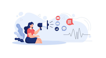 Obraz premium Woman with megaphone announcing messages and data with wave graph in flat design style