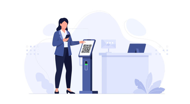 Woman uses smartphone to scan QR code on interactive kiosk at reception desk, modern technology concept