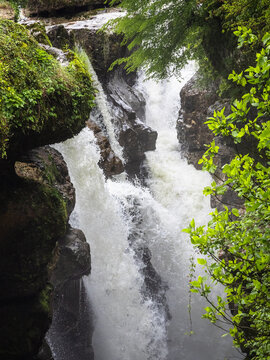 Scenic landscape of a powerful river flowing through a lush green stone gorge