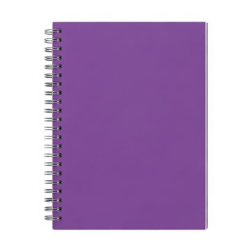A spiral-bound purple notebook standing upright against a white background