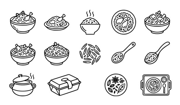 Hand drawn noodle soup rice bowl and Asian food outline icon collection vector illustration
