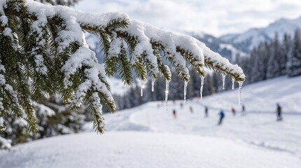 Obraz premium Snow-covered pine branch with icicles in a winter landscape. People skiing in the background on a snowy slope with mountains.