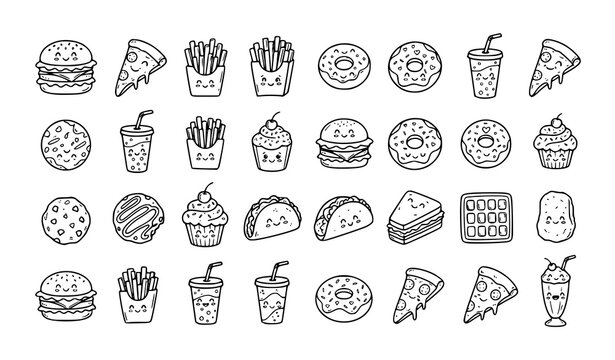 Hand drawn fast food doodle icon collection featuring burgers fries pizza drinks and desserts vector