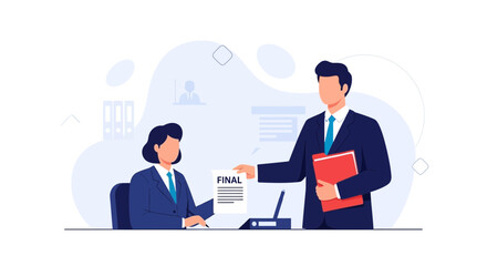 Fototapeta premium Business meeting: man giving final document to woman, teamwork, professional illustration