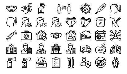 Fototapeta premium Coronavirus Protection Line Icon Set with Editable Stroke Medical Safety Prevention Symptoms and Healthcare Vector Collection