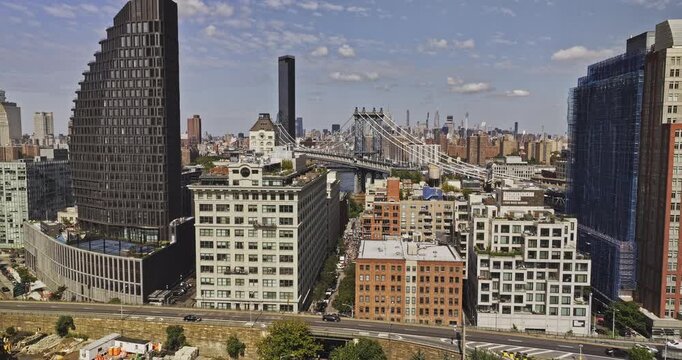 NYC New York Aerial v413 low flyover Downtown Brooklyn towards waterfront park in Dumbo along Washington St capturing Manhattan bridge and cityscape views - Shot with Mavic 3 Pro Cine - September 2023