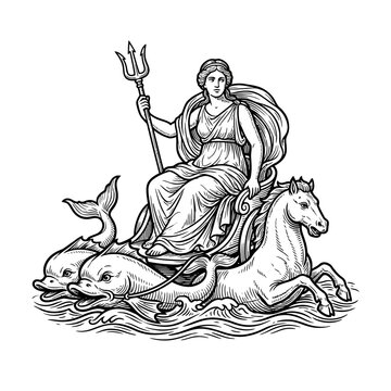 Greek sea goddess riding chariot pulled by sea creatures.
