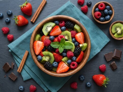 Fresh fruit salad with strawberries blueberries raspberries kiwi and cinnamon sticks on dark slate