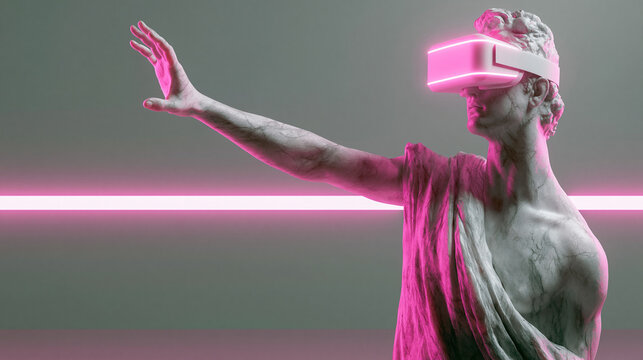 Classical sculpture merged with virtual reality technology, wearing a VR headset and interacting with digital space. Creative concept of immersive experience, AI, metaverse avatar and future innovatio