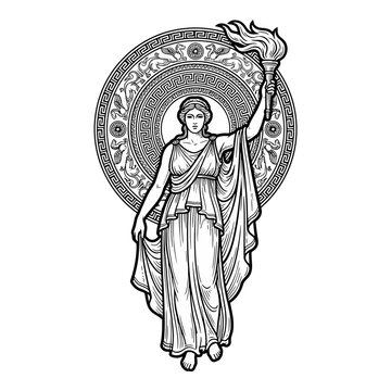 Goddess with torch and circular frame engraving