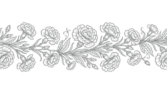 Seamless floral border pattern featuring hand drawn carnation flowers in a classic elegant style