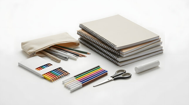 Stacked notebooks, pencil case, colored pencils, scissors, and stationery arranged on a white background for back to school preparation