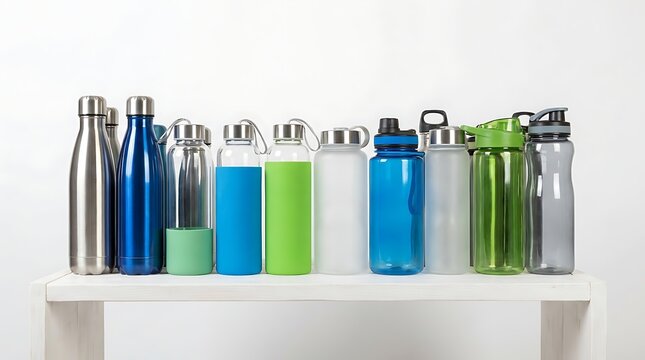 Assortment of Reusable Water Bottles in Various Colors and Materials on a White Shelf