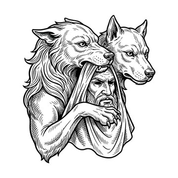 Man wearing wolf head skins line art.