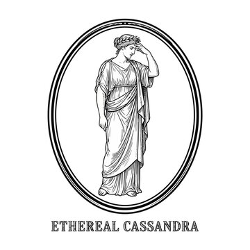 Ethereal Cassandra classical woman portrait in oval frame.