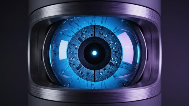 Futuristic robot eye with glowing blue iris mechanical movement for science fiction or tech concepts