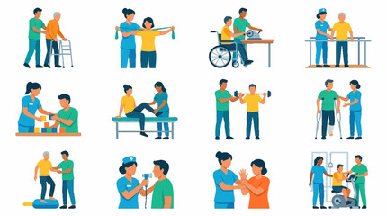 Fototapeta premium Healthcare workers assisting elderly patients in halftone dot style
