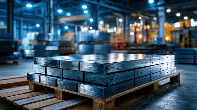 Neatly stacked polished metal sheets in a modern warehouse under blue ambient lighting, highlighting industrial production and logistics.