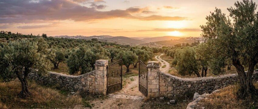 Open stone gate leading into an olive grove in Israel at sunset, biblical landscape of the Holy Land during golden hour.