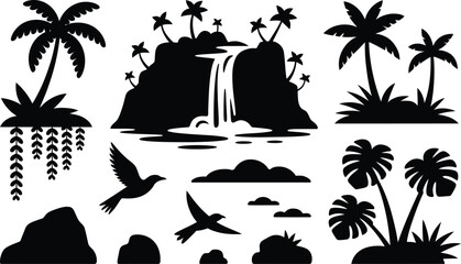 Set of tropical island elements and palm tree silhouettes for summer travel graphic design with tropical waterfall silhouette vacation landscape paradise wildlife graphics collection © MstAsmaAkter