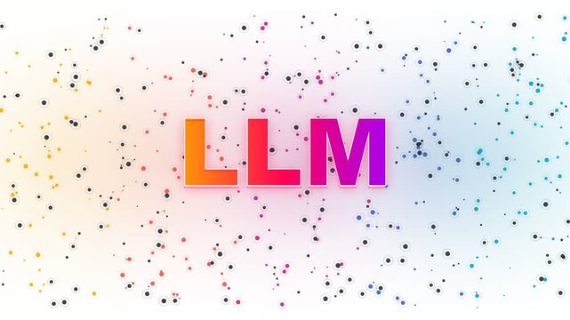 LLM abbreviation with vibrant gradient colors and scattered pixels