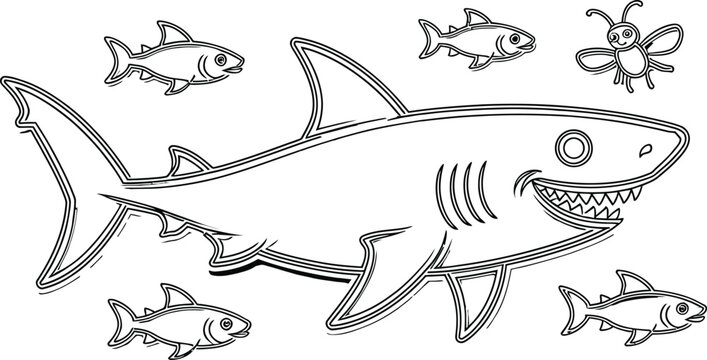 Shark fish insect illustration, whimsical aquatic vector art, marine life drawing, fantasy ocean graphic design