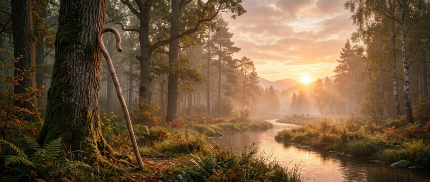 Shepherd staff leaning against a tree by a river at sunrise in a forest