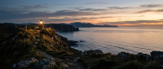 Fototapeta premium Glowing vintage lantern on a coastal cliff at twilight overlooking the sea