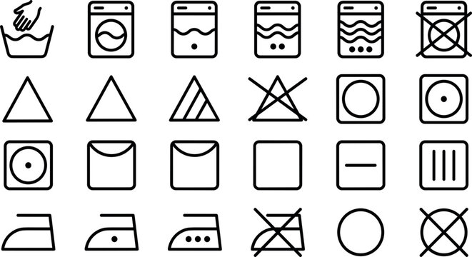 Laundry Care Symbols and Washing Instructions Outline Icons Collection Vector Set for Garment Labels