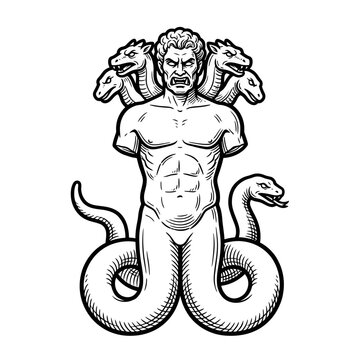 Multi-headed monster with snake tails engraving illustration.