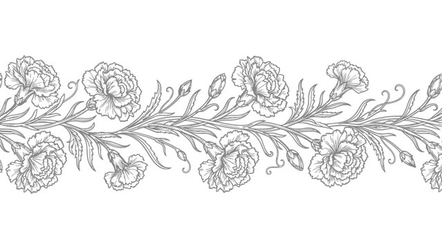 Seamless floral border pattern with hand drawn carnation flowers in a delicate vintage sketch style