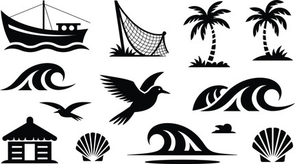 Set of black and white tropical beach icons featuring fishing boat palm trees and ocean waves tropical seashell vacation silhouette seascape collection paradise nautical illustration © MstAsmaAkter