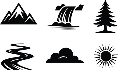 Natural scenery icons set in black silhouette featuring mountains waterfall pine tree river clouds and sun landscape silhouette mountain waterfall outdoors environment geography wilderness © MstAsmaAkter