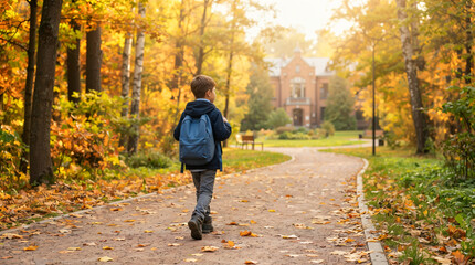 Fototapeta premium Young boy walking on pathway in autumn forest with backpack 