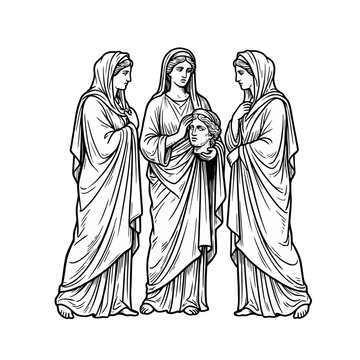 Three robed women in classical greek style engraving