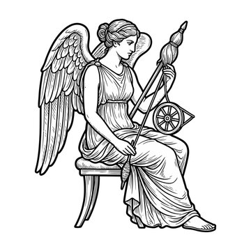 Winged goddess spinning thread with distaff.