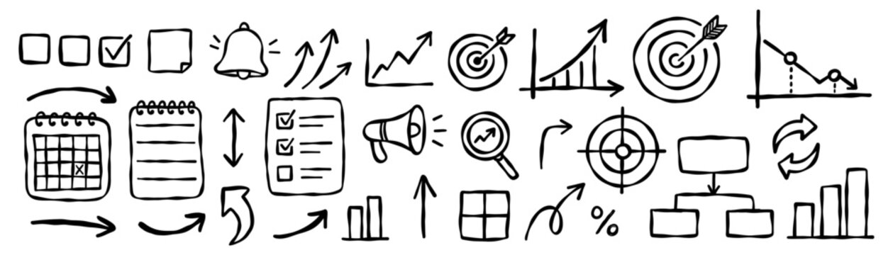 Hand drawn business and office doodle icon set with charts, documents, calendar, speech bubbles and finance symbols for reports, planning, marketing and presentations. Vector illustration.
