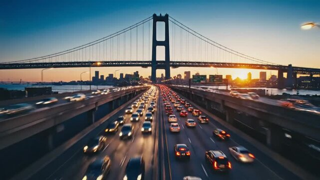 Rush hour traffic flowing across a suspension bridge at dusk with a city skyline view