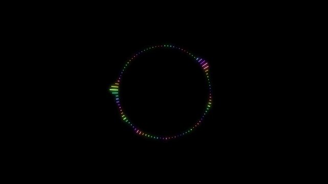 Colorful circular waveform animation featuring reactive audio spectrum, glowing equalizer rings and futuristic music visualization on transparent black screen background ultra HD 4K