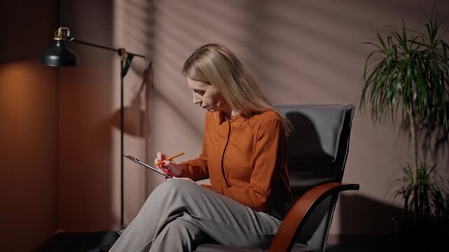 Woman working late in evening. Female sitting on chair in dim room. Woman making notes with pencil. Female isolated in dark loft room. Woman in bright orange shirt. Female near lamp and flowerpot.