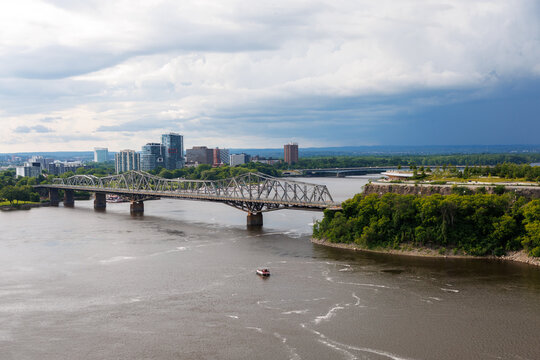 Alexandra Bridge crossing Ottawa River. Interprovincial steel truss bridge connecting Ottawa and Gatineau in Canada.