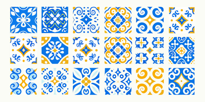 Blue and yellow ceramic tile pattern collection decorative vector illustration