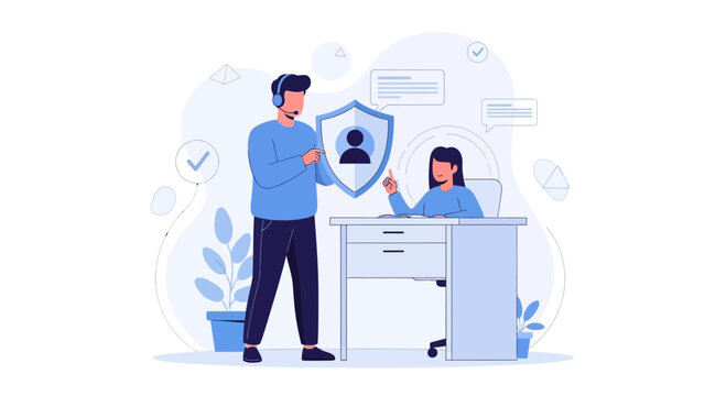 Customer service representative provides data security and protection advice with a shield icon and chat bubbles.