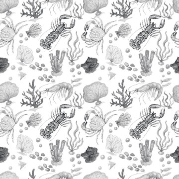Watercolor seafood set with crab, shrimp and lobster. Hand drawn isolated marine animals illustration. Crustaceans elements for restaurant menu design, packaging, sublimation.