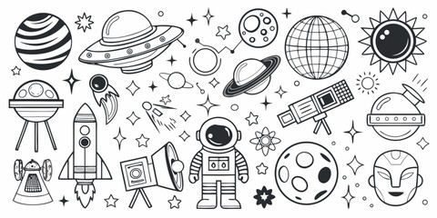 Space And Astronomy Themed Doodle Set Black And White Vector Illustration © Sujal