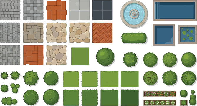 Top view landscape design elements set with paving tiles grass patches bushes and swimming pools vector illustration