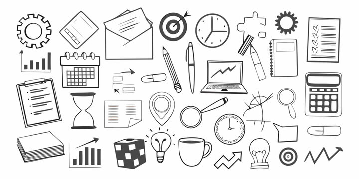 Hand drawn Business Icons And Office Supplies On White Background