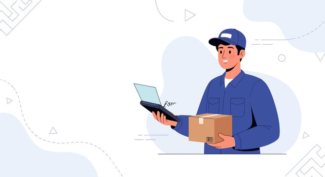 Delivery man holding package and tablet, logistic service, shipping and transport concept, vector illustration