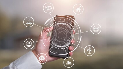 Fototapeta premium Net zero and sustainability concepts with environmental balance, digital sustainability icons, green energy goals, and eco-conscious digital business transformation for the future. Gist